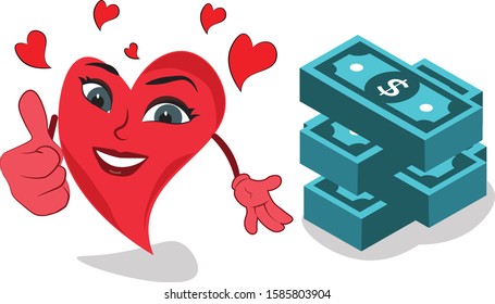 heart character showing thumbs up with money bundles dollar