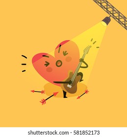 Heart character singing and playing guitar. Vector colorful illustration 