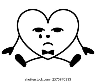 Heart character sitting and crying. Young man in the shape of a love symbol. Sadness on his face, tears dripping from his eyes, hands at his sides, bow tie. Sketch. Vector illustration. Doodle style. 