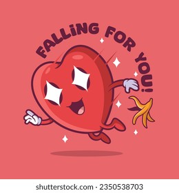 Heart character slipping on a banana peel vector illustration. Love, funny, cute design concept.