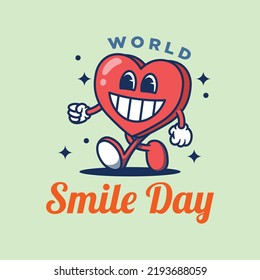Heart character with smiling face. Illustration of world smile day in retro style.