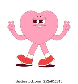 Heart character sticker in retro groovy style. Lovely and psychedelic valentine day walking mascot with face, hands, feet. Romantic vector concept on transparent background