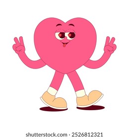 Heart character sticker in retro groovy style. Lovely and psychedelic valentine day walking mascot with face, hands, feet. Romantic vector concept on transparent background