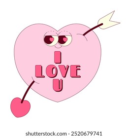 Heart character sticker in trendy retro groovy style. Lovely and psychedelic valentine day mascot with face, cupids arrow and text I love you. Love vector element on transparent background