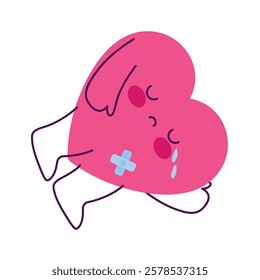 A heart character with tears and sad expression in kawaii cartoon style