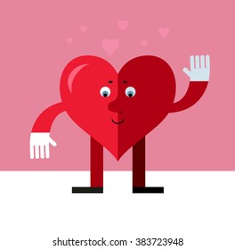Heart character waving hand. Flat style vector illustration on pink background. Valentine day greeting card. love symbol