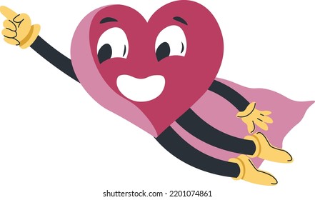 Heart character wearing hero robe or mantle and flying. Isolated personage, symbol of love and deep feelings or devotion. Cute person pointing up. Sticker or emoji, emoticon. Vector in flat style