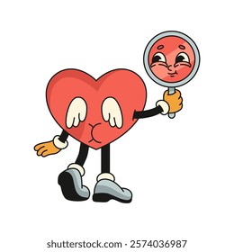 Heart character with wings holding mirror. Vector icon of anthropomorphic love symbol holding looking glass. Love and affection, relationship, sentiment sign. Personality for lover holiday. Valentine.