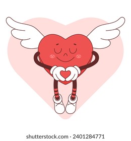 Heart character with wings,hand heart gesture header .Trendy comic groovy valentines day sticker , 70s 80s aesthetics. Vector hand drawn illustration.