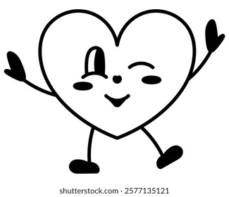 Heart character winking. Young guy in the shape of a love symbol. Smile on his face, hands up, legs dancing. Sketch. Vector illustration. Joyful emotions. Outline on an isolated white background.