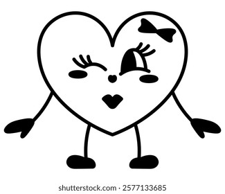 Heart character. Young girl in love symbol shape winks and sends a kiss. Smile on face, bow decoration, eyelashes, air kiss, arms out to the sides. Sketch. Vector illustration. Doodle style. 