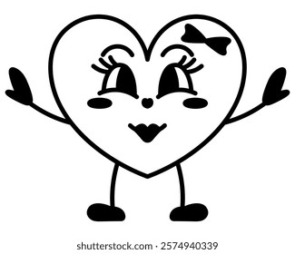 Heart character. Young woman with arms and legs. Smile on face, bow decoration, eyelashes. Sketch. Vector illustration. Joyful emotions. Symbol of love. Outline on isolated white background. 
