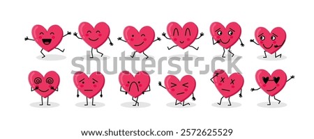 Heart Characters with Different Emotions Collection. Emoji Heart Shape with Cute Faces Set.