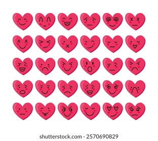 Heart Characters with Different Emotions Set. Emoji Heart Shape with Cut Face Collection.