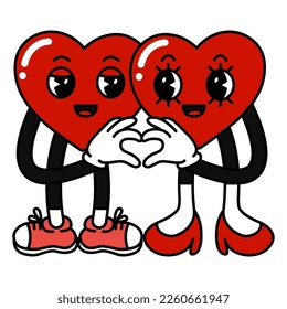 Heart characters in retro cartoon style. Valentines day concept. Flat vector illustrations on white background.