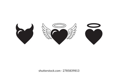 Heart characters set, angel wings and halo, horned heart symbol, love concept illustration.