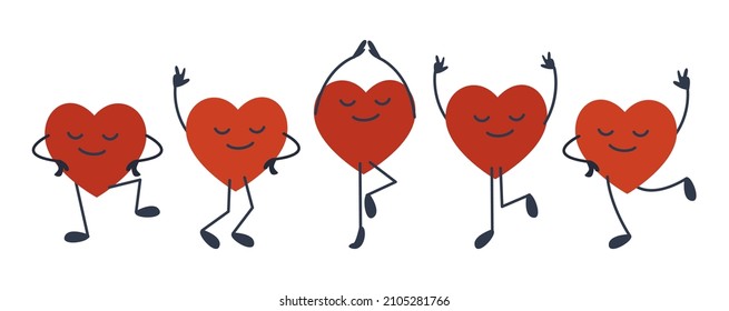 Heart characters for Valentine's Day. Jumping and dancing hearts on a white background. Flat vector illustration