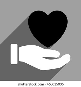 Heart Charity Hand long shadow vector icon. Style is a flat heart charity hand black and white iconic symbol on a gray square background.