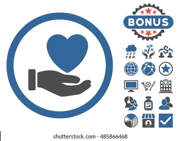 Heart Charity icon with bonus elements. Vector illustration style is flat iconic bicolor symbols, cobalt and gray colors, white background.