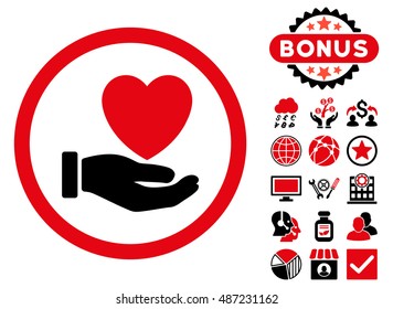 Heart Charity icon with bonus elements. Vector illustration style is flat iconic bicolor symbols, intensive red and black colors, white background.