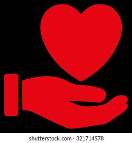 Heart Charity vector icon. Style is flat symbol, red color, rounded angles, black background.