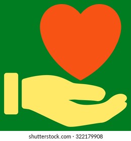 Heart Charity vector icon. Style is bicolor flat symbol, orange and yellow colors, rounded angles, green background.
