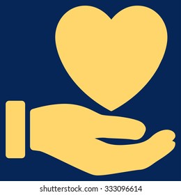 Heart Charity vector icon. Style is flat symbol, yellow color, rounded angles, blue background.