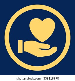 Heart Charity vector icon. Style is flat rounded symbol, yellow color, rounded angles, blue background.