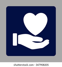 Heart Charity vector icon. Style is flat rounded square button, white and dark blue colors, silver background.