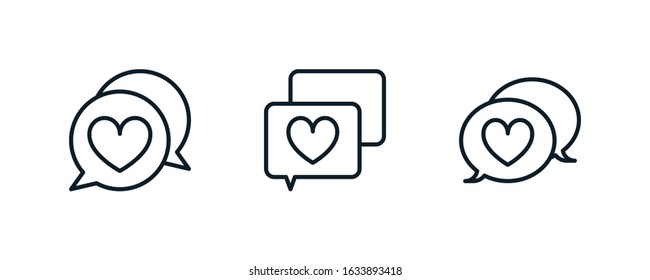 Heart in chat box, speech bubble, love, valentine's day outline icons. Vector illustration. Editable stroke. Isolated icon suitable for web, infographics, interface and apps.