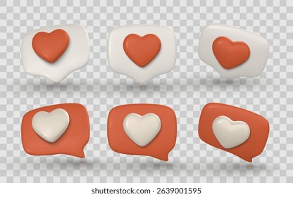 Heart Chat Bubbles in 3D Cartoon Style for Social Media and Love Reactions. Red and White Plastic Icons with Soft Shadows. Vector Illustration.