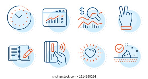 Señales de inversión de Heart, Check y de pago sin contacto. Los iconos de la línea de tráfico web, de la mano Victoria y de la piel están configurados. Administración de tiempo, símbolos de retroalimentación. Crema facial, palma gesture. Conjunto de negocios. Vector