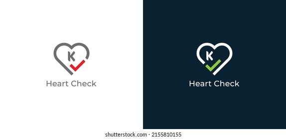 Heart Check Logo Concept sign icon symbol Design with Letter K. Heart and Checkmark Combination. Vector illustration logo template