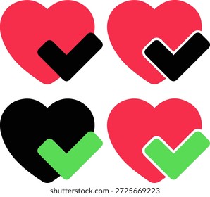 Herz mit Häkchen-Icon-Set für Lieblings-Auswahl und genehmigte Liebe Vektor
