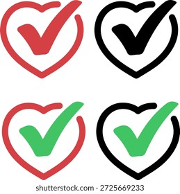 Herz mit Häkchen-Icon-Set für Lieblings-Auswahl und genehmigte Liebe Vektor