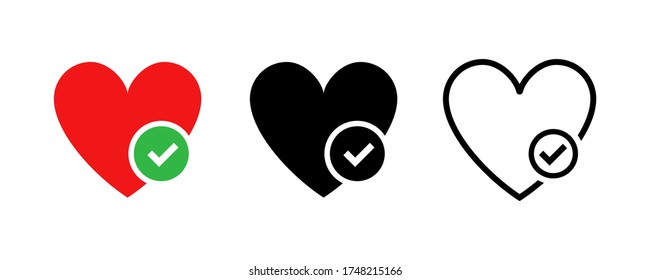 Heart with check mark. Vector isolated signs. Healthcare vector elements. Set of heart stickers or signs with checkmark. EPS 10