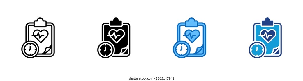Heart Check - Multi Style Icon Sheet Diseño de Vector - Corazón con pulso y reloj, mostrando el monitoreo de la salud del corazón a lo largo del tiempo