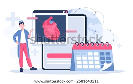 Heart check online. Man in medical uniform near heart structure. Healthcare and medicine. Diagnosis and treatment. Prevention of cardiovascular disease. Flat vector illustration