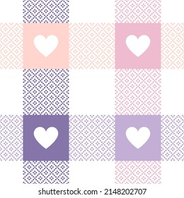 Heart check pattern in pastel lilac  pink  white for Valentines Day  Abstract geometric tartan buffalo check plaid for tablecloth  picnic blanket  other spring summer holiday textile paper design 