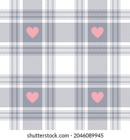 Heart check plaid pattern in grey, pink, white for Valentines Day design. Seamless herringbone textured light tartan check vector for flannel shirt, scarf, blanket, throw, other modern textile print.
