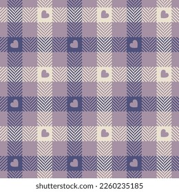 Heart check plaid pattern in lilac, purple, beige for Valentines Day prints. Seamless herringbone vichy tartan for dress, skirt, jacket, scarf, pyjamas, other modern spring autumn winter design.