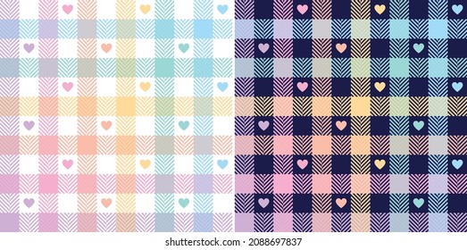 Heart check plaid pattern. Pastel geometric multicolored seamless gingham tartan vector set for Valentines Day flannel shirt, skirt, dress, jacket, scarf, bandana, other spring summer fashion print.