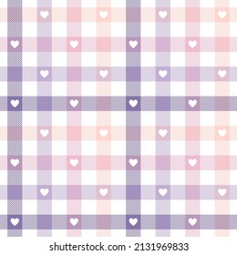 Heart check plaid pattern. Pastel multicolored seamless gingham tartan vector set for Valentines Day flannel shirt, pyjamas, scarf, tablecloth, picnic blanket, other spring summer fashion print.