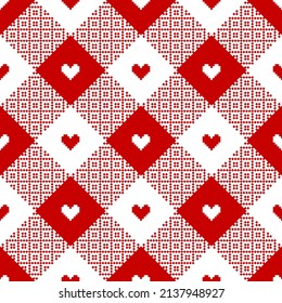 Heart Check Plaid Pattern In Red And White. Seamless Abstract Geometric Pixel Gingham Tartan Vector For Valentines Day Tablecloth, Oilcloth, Picnic Blanket, Other Spring Summer Paper Or Textile Print.