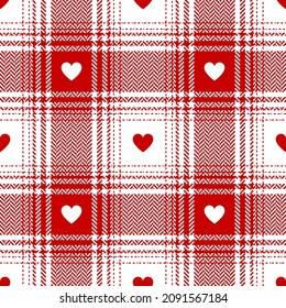 Heart check plaid pattern for Valentine Day in red and white. Seamless large tartan vector for scarf, flannel shirt, blanket, throw, other modern spring summer autumn winter holiday fashion design.