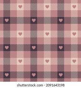 Heart Check Plaid Pattern For Valentine Day In Pink, Brown, Beige. Seamless Gingham With Hearts For Dress, Jacket, Skirt, Scarf, Other Modern Spring Summer Autumn Winter Holiday Fashion Textile Print.