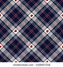 Heart check plaid pattern for Valentines Day prints in navy blue, red, white. Seamless diagonal tartan with love hearts for flannel shirt, blanket, duvet cover, other spring autumn winter textile.