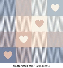 Heart check plaid pattern for Valentines Day in soft cashmere blue, pink, beige. Seamless tartan for scarf, pyjamas, blanket, duvet cover, other modern spring summer autumn winter textile design.