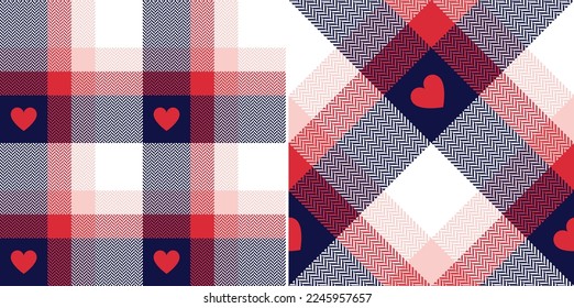 Heart check plaid pattern for Valentines Day in navy blue, red, powder pink, white. Seamless tartan for scarf, pyjamas, blanket, duvet, other modern spring summer autumn winter holiday fabric design.