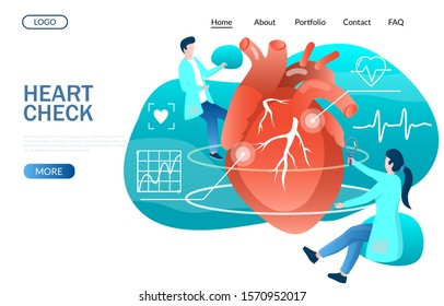 Heart check vector website template, web page and landing page design for website and mobile site development. Heart health, cardiology concept with characters.